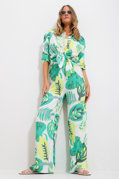 Trend Alaçatı Stili Női zöld mintás ing és nadrág felső és alsó szőtt szett Alc-X11747