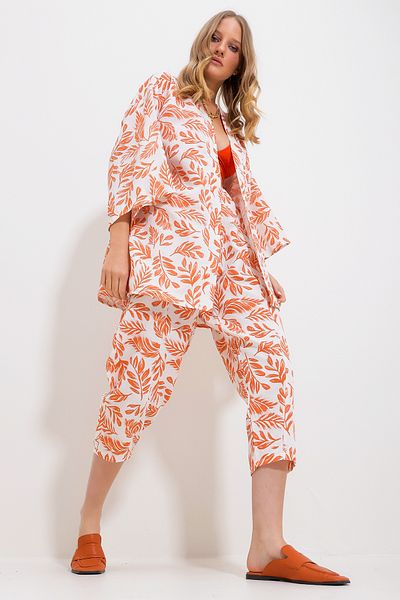 Trend Alaçatı Stili Women's Orange Patterned Kimono Jacket and Pants Linen Woven Bottom Top Set Alc-X11753