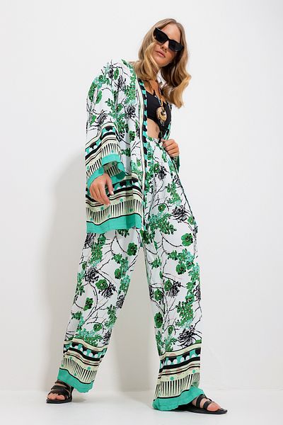 Trend Alaçatı Stili Women's Green-White Kimono Jacket and Palazzo Pants Set Alc-X11751