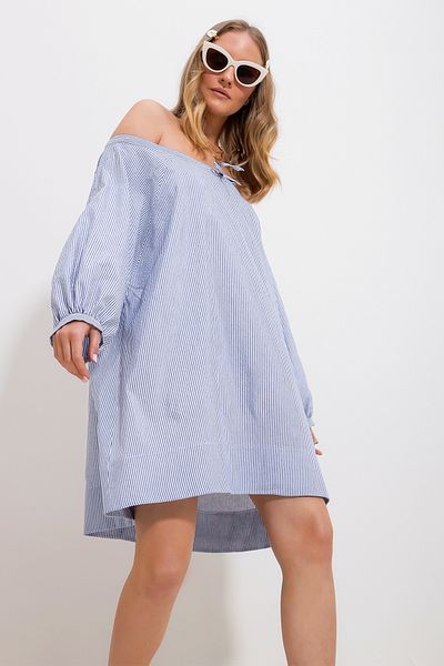Trend Alaçatı Stili Women's Blue Wide Collar Striped Collar Tied Woven Dress Alc-X11712
