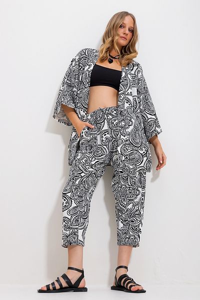 Trend Alaçatı Stili Women's Black Patterned Kimono Jacket and Pants Linen Woven Bottom Top Suit Alc-X11752