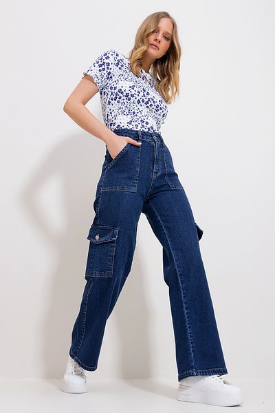 Trend Alaçatı Stili Women's Dark Blue High Waist Cargo Pocket Wide Leg Denim Trousers Alc-X11758