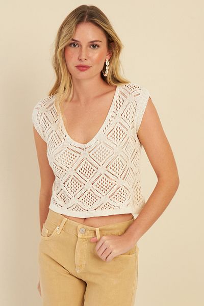 Cool & Sexy Women's Ecru Openwork Knitwear Blouse MZU606