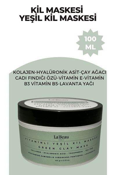 La'beau Green Clay Mask COLLAGEN-HYALURONIC-TEA TREE-WITCH CUP-VITAMIN-VITAMINB3-VITAMINB5-LAVENDER