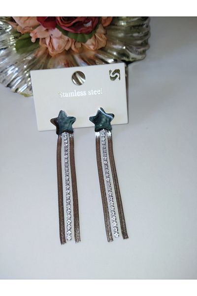 MİRAKSESUAR Steel Earrings with Star Detail and Silver Waterway Crush Chain
