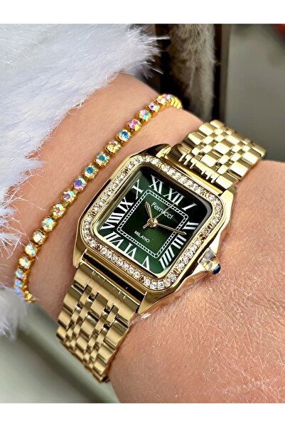 Ferrucci Altın Renk Kare Taşlı Tasarım Kasa Çelik Kordon Kadın Kol Saati + Bi...