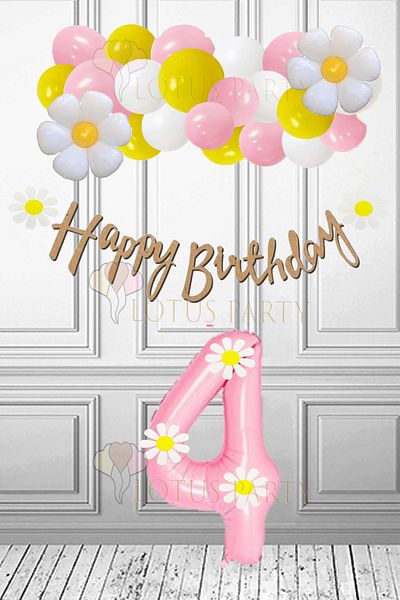 LOTUS PARTY 4 Year Old Birthday Party Set - Daisies Themed, Pink Figure Foil Balloon and Daisy Foil Balloon