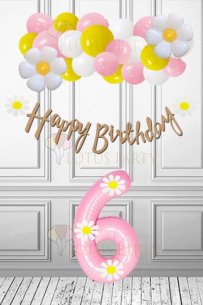 LOTUS PARTY 6 Year Old Birthday Party Set - Daisy Themed, Pink Figure Foil Balloon and Daisy Foil Balloon