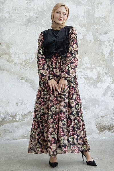 InStyle Floral Velvet Pocket Chiffon Dress Red