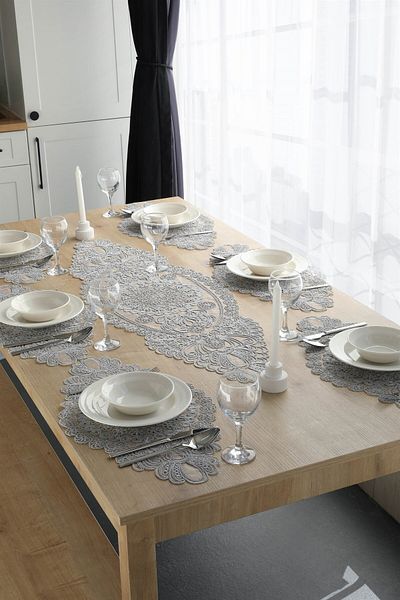 Çt Çeyizci Tekstil Μοντέρνο American Service Flatboard Runner Σετ για 6 άτομα (7 τεμάχια) - Γκρι