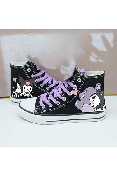 Touz Moda Kuromi and Bear Printed Black Lilac Unisex Canvas Shoes