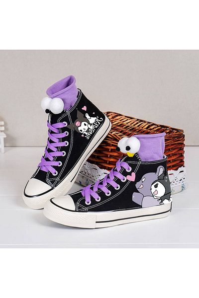 Touz Moda Kuromi and Bear Printed Black Lilac Unisex Canvas Shoes