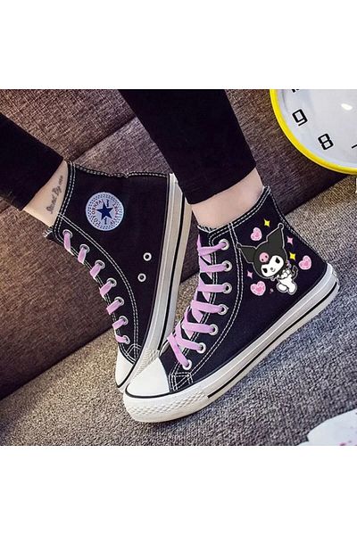 Touz Moda Unisex Black Canvas Shoes - Kuromi Printed, Pink Laces