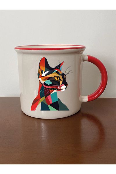 lili hediyelik Modern Cat Themed Red Mouth Mug Cup - Ceramic Tea, Coffee Gift Cup