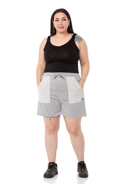 DISENTIS MODEST Large Size Garnished Three Thread Pocket Gray Melange Shorts with Elastic Waist and Tie Detail