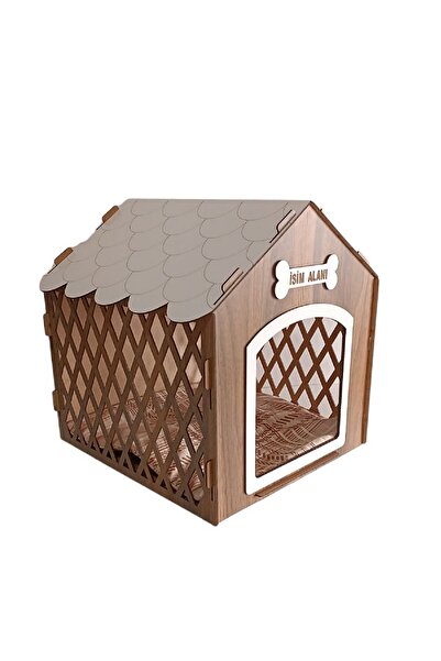 HOBİCİM Süper Set Ahşap Desenli Köpek Evi-kulübesi Minder Ve Zincir Tasma Hediyeli (TESBİH-BEYAZ)