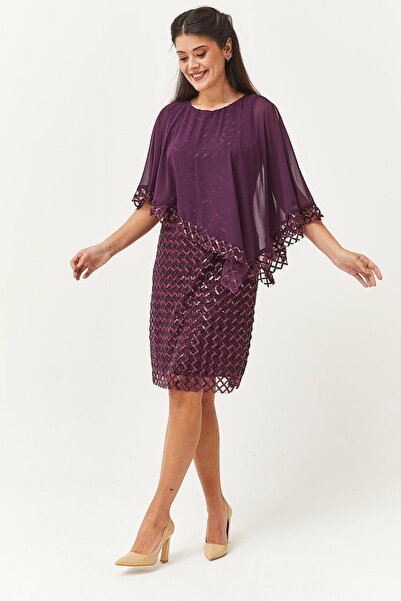Ebsumu Kadın Büyük Beden Şifon Detay Payet Desenli Mor Abiye & Davet Elbisesi