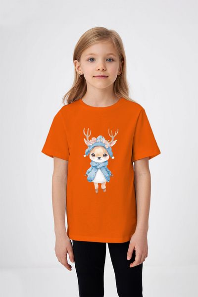 ADABEBEK Cute Baby Deer Patterned Girl's T-Shirt with Hat