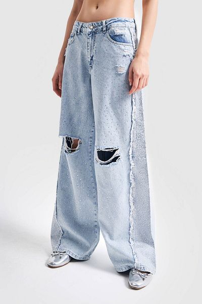 its basic Women's Snow Color Shiny Stone Detailed Laser Mid Waist Palazzo Denim