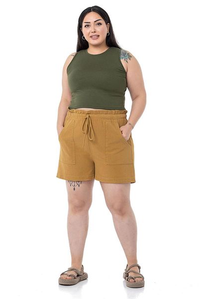 DISENTIS MODEST Plus Size Piece Painted Pockets Elastic Waist and Rope Drawstring Comfortable Cut Mustard Shorts