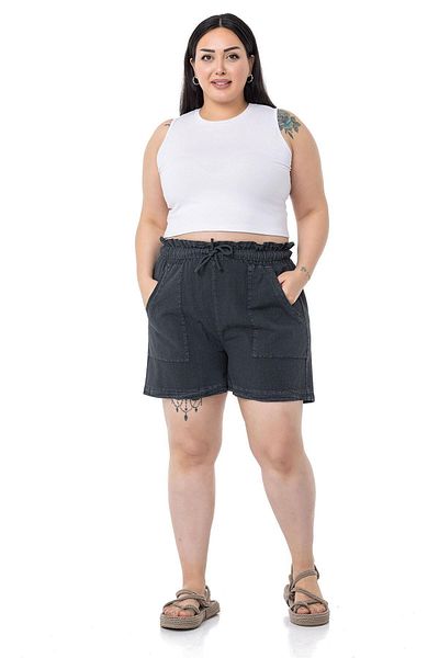 DISENTIS MODEST Plus Size Piece Painted Black Shorts with Pockets, Elastic Waist and Rope Drawstring, Comfortable Fit