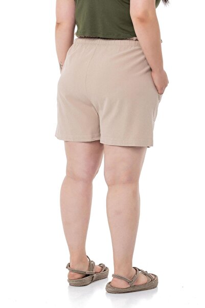 DISENTIS MODEST Plus Size Piece Dyed Pocketed Elastic Waist and Rope Drawstring Relaxed Fit Beige Shorts