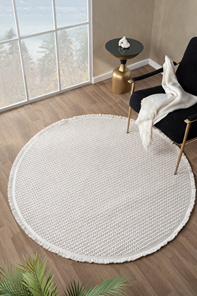 Eliz Home Beyaz Bej Yumuşak Dokulu Yuvarlak Halı Kilim Mutfak Koridor Yolluk ...