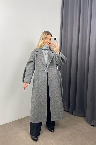 Sue Store Palton supradimensionat din lână, căptușit cu curea, model gri închis