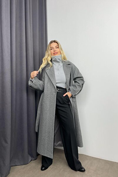 Sue Store Σκούρο γκρι ψαροκόκκαλο μοντέλο με ζώνη με επένδυση Oversize μάλλινο παλτό