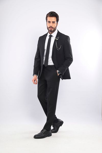 BS BLACK SMOKİN Men's Black Slim Fit Mono Collar Straight Suit (with Gift)