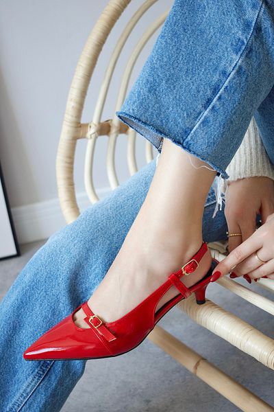 POLKA STORE Sole Pointed Toe Single Strap Buckle Red Patent Leather Heeled Women's Shoes