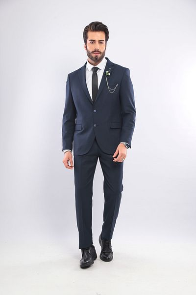 BS BLACK SMOKİN Men's Navy Blue Slim Fit Mono Collar Straight Suit (with Gift)