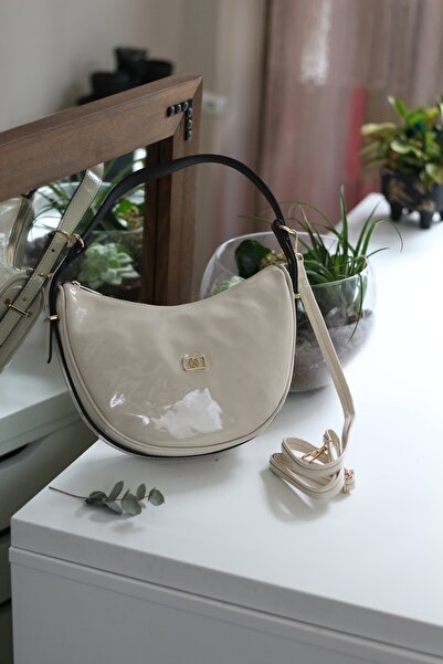 Moom Bag Women's Cream Patent Leather Double Strap Shoulder Bag