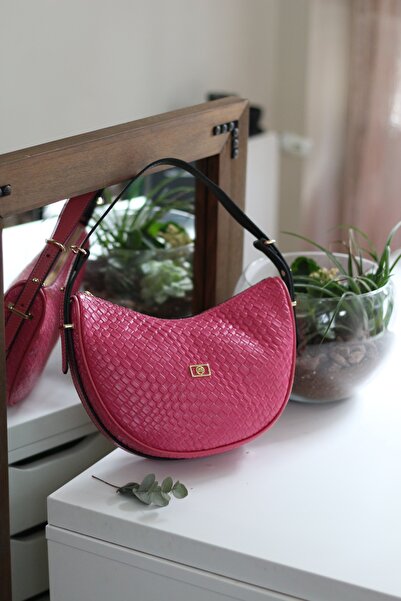 Moom Bag Geantă de umăr cu curea dublă tricotată fucsia pentru femei