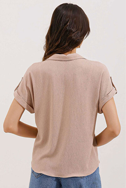 Bigdart 20187 Kısa Kol Oversize Örme Gömlek - Bisküvi