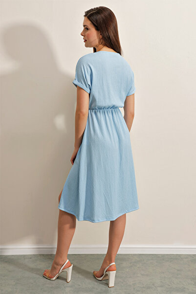 Bigdart 2378 V-Neck Slit Knitted Dress - Blue