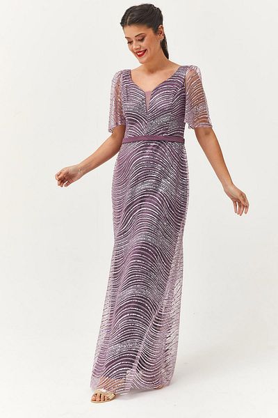 Ebsumu Women's Plus Size Sash Detailed Sequin Long Pink Evening Dress & Invitation Dress