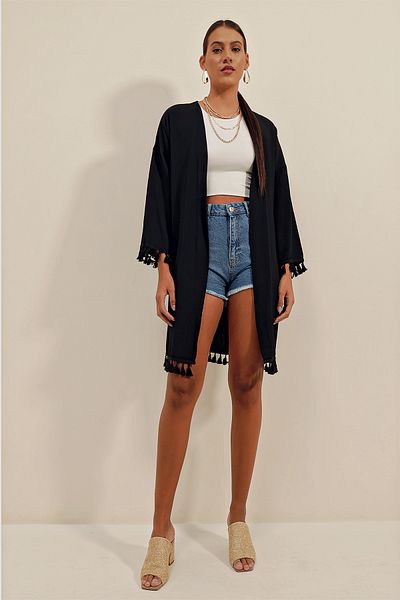 Bigdart 5833 Kimono z falbaną - Czarne