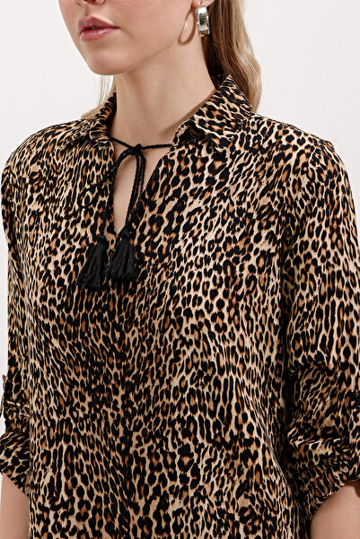 Bigdart 5613 Collar Lace-Up Patterned Tunic - Brown