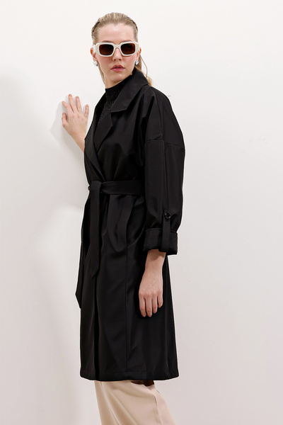 Bigdart 9104 Zweireihiger, mit Kragen gefütterter Trenchcoat – Schwarz