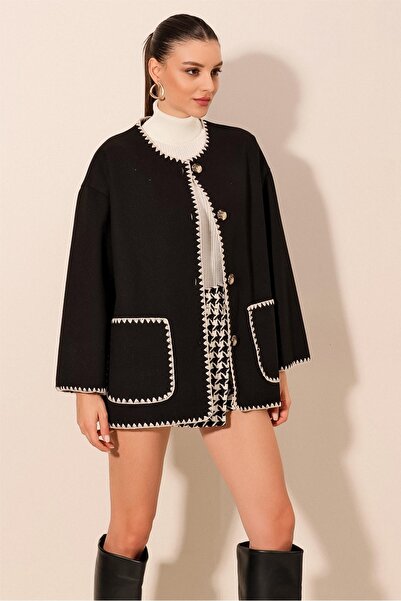 Bigdart 0690 Boyfriend Nakışlı Kaşe Ceket - Siyah
