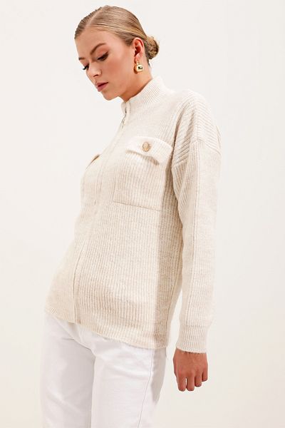 Bigdart 15862 Zippered Knitwear Cardigan with Pocket Detail - Ecru
