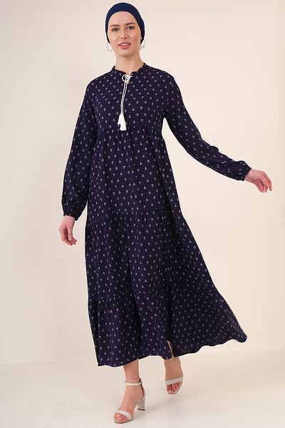 Bigdart 1627 Rochie Hijab cu șireturi - Albastru Marin