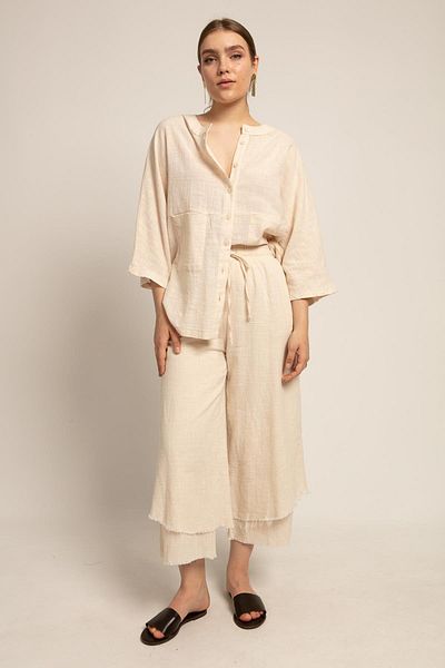 Suzi butik طقم قميص وبنطلون نسائي من الكتان بلون الحجر