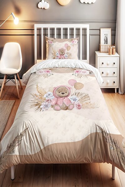 EVPANYA Pembe Ayıcık Desenli Tek Kişilik Bebek Çocuk Nevresim Seti