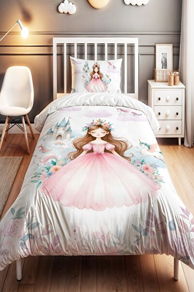 EVPANYA Gül Taçlı Prenses Desenli Tek Kişilik Bebek Çocuk Nevresim Seti