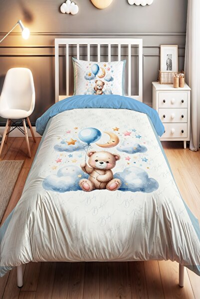 EVPANYA Mavi Bulutlardaki Ayıcık Desenli Tek Kişilik Bebek Çocuk Nevresim Seti