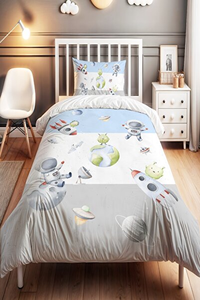 EVPANYA Blue Gray Space Patterned Single Baby Kids Bedding Set
