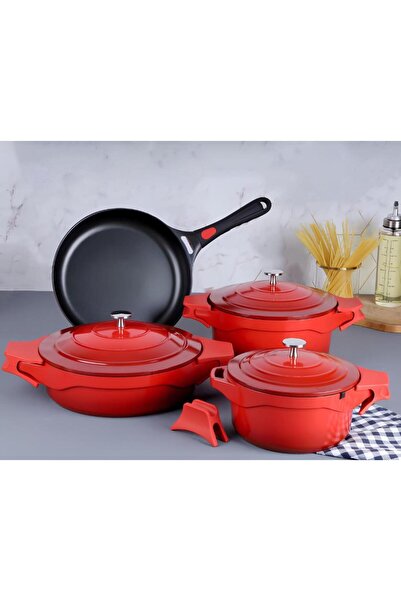 AROW Pink More 7 Parça Döküm Tencere Seti Kırmızı Pm-0068