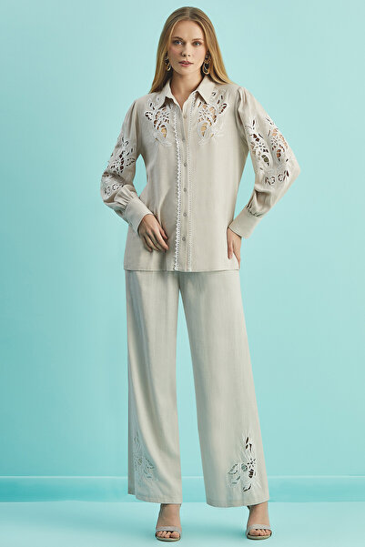 Guitar Gömlek Yaka Bej Keten Gömlek